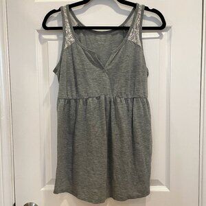 Maternity Gray Lace-Trim Burnout Babydoll Empire Waist Tank Top Heather Gray